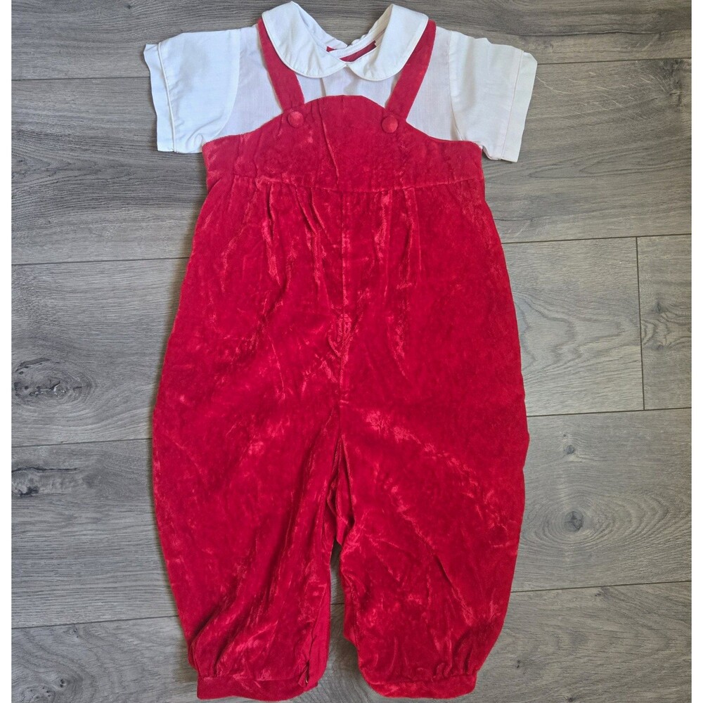 Vintage Boys 'n Berries Red Velvet Romper 24M Christmas Shirt Overalls 80s 90s